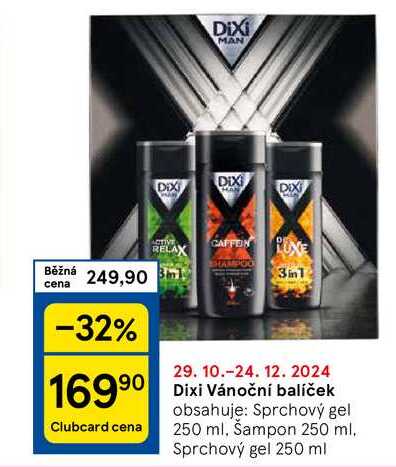 Dixi Vánoční balíček obsahuje: Sprchový gel 250 ml, Šampon 250 ml. Sprchový gel 250 ml 