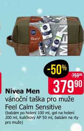 Nivea Men vánoční taška pro muže Feel Calm Sensitive (balzám po holení 100 ml, gel na holení 200 ml, kuličkový AP 50 ml, balzám na rty pro muže) 