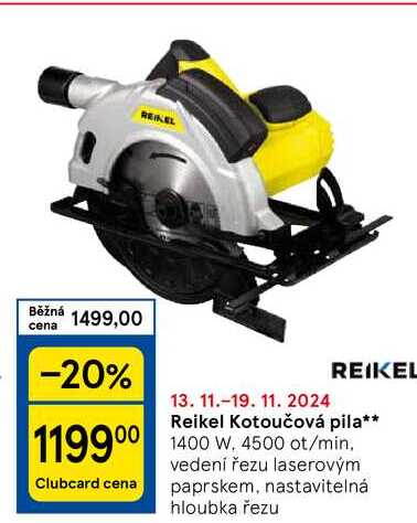 Reikel Kotoučová pila, 1400 W. 4500 ot/min, vedení řezu laserovým