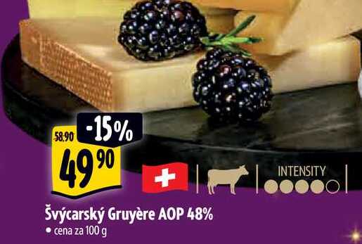 Švýcarský Gruyère AOP 48%, cena za 100 g