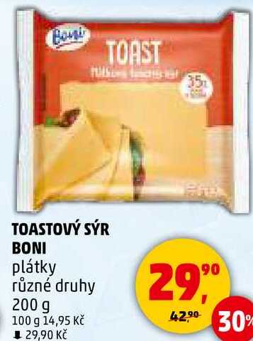 TOASTOVÝ SÝR BONI plátky různé druhy, 200 g 