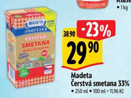 Madeta Čerstvá smetana 33%, 250 ml v akci