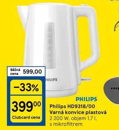 Philips HD9318/00 Varná konvice plastová 2 200 W. objem 1.7 1. s mikrofiltrem 