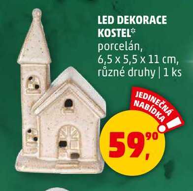 LED DEKORACE KOSTEL porcelán, 6,5 x 5,5 x 11 cm, různé druhy, 1 ks