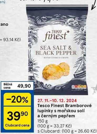 Tesco Finest Bramborové lupínky s mořskou solí a černým pepřem, 150 g 