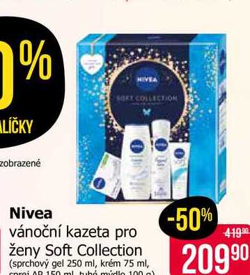 Nivea vánoční kazeta pro ženy Soft Collection (sprchový gel 250 ml, krém 75 ml, sprej AR 150 ml tuhé mýdlo 100 g)