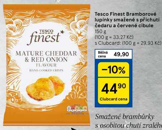 Tesco Finest Bramborové lupínky smažené s příchutí čedaru a červené cibule, 150 g