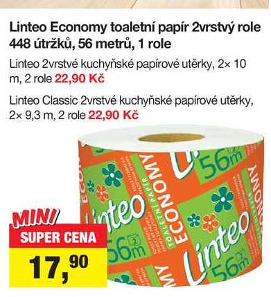 Linteo Economy toaletní papír 2vrstvý role 448 útržků, 56 metrů, 1 role