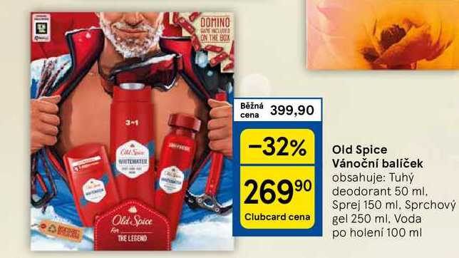 Old Spice Vánoční balíček obsahuje: Tuhý deodorant 50 ml. Sprej 150 ml, Sprchový gel 250 ml. Voda po holení 100 ml 