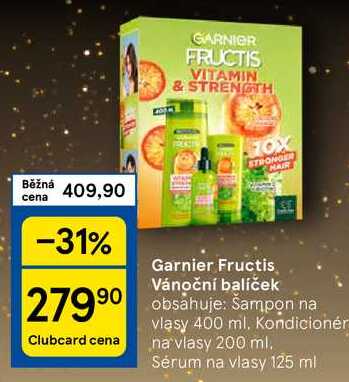 Garnier Fructis Vánoční balíček obsahuje: Šampon na vlasy 400 ml. Kondicionér na vlasy 200 ml. Sérum na vlasy 125 ml 