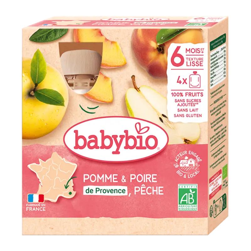 Babybio BIO Ovocný příkrm jablko, hruška a broskev 4x 90 g, 360 g