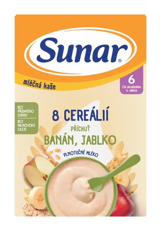 Sunar Mléčná kaše 8 cereálií s příchutí banánu a jablka, 210 g