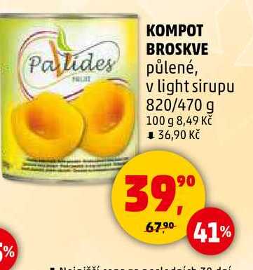 KOMPOT BROSKVE Palides půlené, v light sirupu, 820/470 g