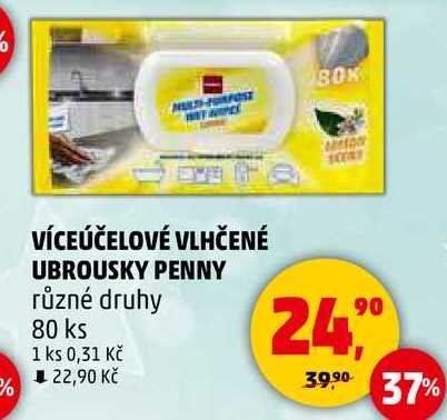 VÍCEÚČELOVÉ VLHČENÉ UBROUSKY PENNY různé druhy, 80 ks 