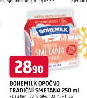 BOHEMILK OPOČNO TRADIČNÍ SMETANA 250 ml ke šlehání, 33 % tuku