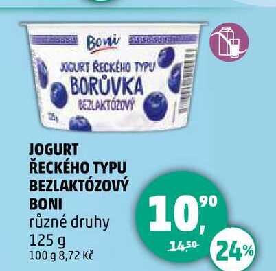 JOGURT ŘECKÉHO TYPU BEZLAKTÓZOVÝ BONI různé druhy, 125 g  