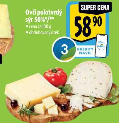 Ovčí polotvrdý sýr 50%, cena za 100 g 