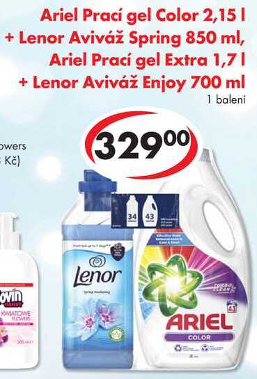 Ariel Prací gel Color 2,15 l + Lenor Aviváž Spring 850 ml, Ariel Prací gel Extra 1,7 l + Lenor Aviváž Enjoy 700 ml 