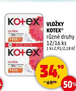 VLOŽKY KOTEX různé druhy, 12/16 ks 