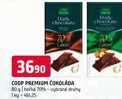 Coop premium čokoláda 80 g hořká 70% vybrané druhy 