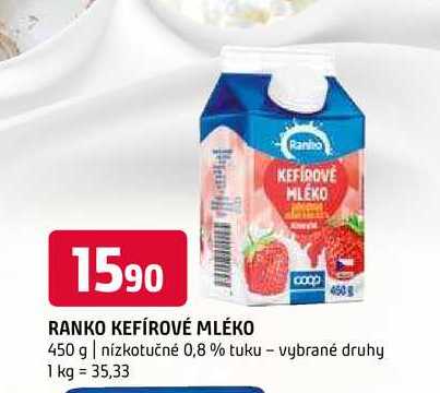 Ranko kefírové mléko 450 g nízkotučné 0,8 % tuku vybrané druhy 