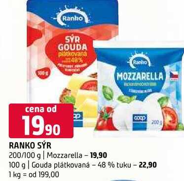 Ranko sýr Mozzarella Gouda plátkovaná 48% tuku 100g