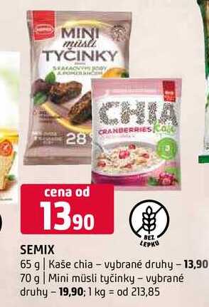 Semix 65 g Kaše chia vybrané druhy 70 g Mini müsli tyčinky vybrané druhy