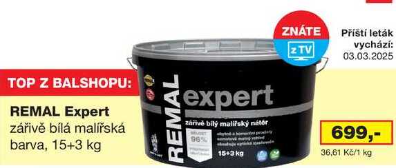 REMAL Expert zářivě bílá malířská barva, 15+3 kg 