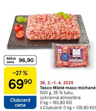 Tesco Mleté maso míchané, 500 g, 25% tuku. ochranná atmosféra