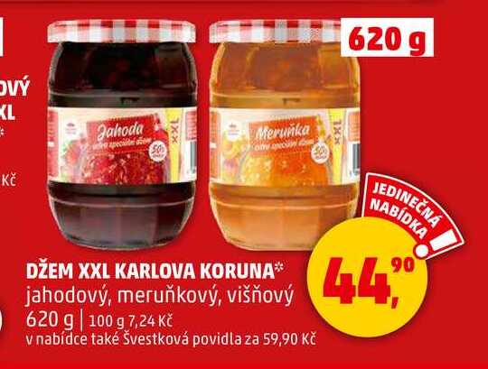 DŽEM XXL KARLOVA KORUNA jahodový, meruňkový, višňový, 620 g