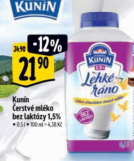   Kunín Čerstvé mléko bez laktózy 1,5% 0,5 l