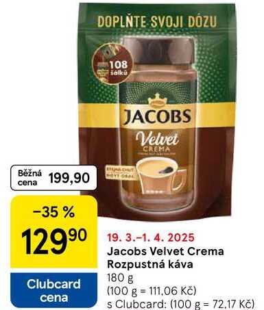 Jacobs Velvet Crema Rozpustná káva, 180 g  v akci