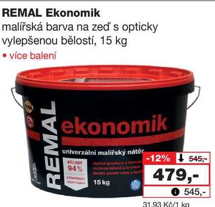 REMAL Ekonomik malířská barva na zeď's opticky vylepšenou bělostí, 15 kg