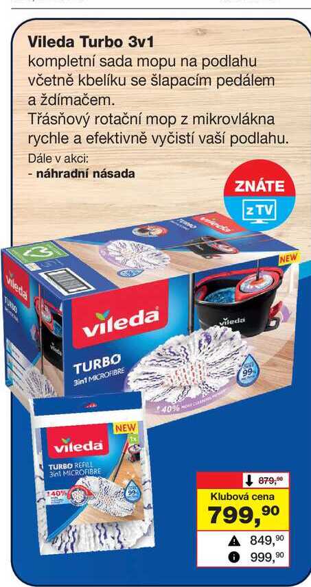 Vileda Vileda Turbo 3v1 kompletní sada mopu na podlahu včetně kbelíku se šlapacím pedálem a ždímačem. Třásňový rotační mop z mikrovlákna rychle a efektivně vyčistí vaší podlahu