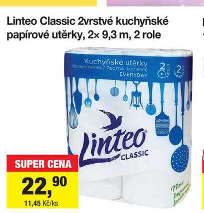 Linteo Classic 2vrstvé kuchyňské papírové utěrky, 2x 9,3 m, 2 role 