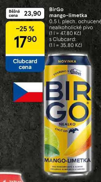 BirGo mango-limetka, 0.5 l, plech, ochucené nealkoholické pivo 