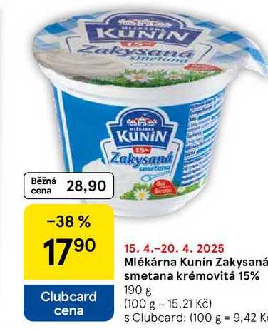 Mlékárna Kunín Zakysaná smetana krémovitá 15%, 190 g  v akci