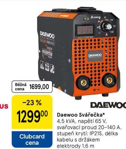 Daewoo Svářečka, 4,5 kVA, napětí 65 V. svařovací proud 20-140 A. stupeň krytí: IP21S, délka kabelu s držákem elektrody 1.6 m 