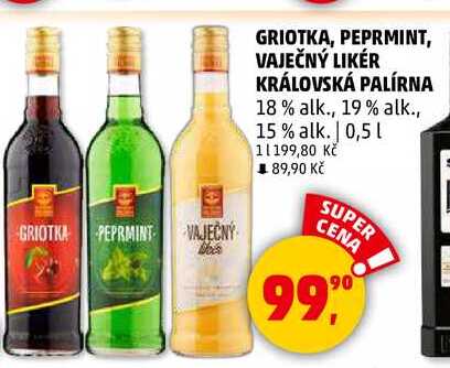 GRIOTKA, PEPRMINT, VAJEČNÝ LIKÉR KRÁLOVSKÁ PALÍRNA 18% alk., 0,5 l 