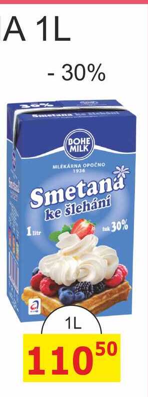 BOHEMILK Smetana ke šlehání tuk 30% 1L