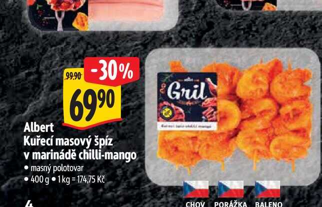 Albert Kuřecí masový špíz v marinádě chilli-mango 400 g