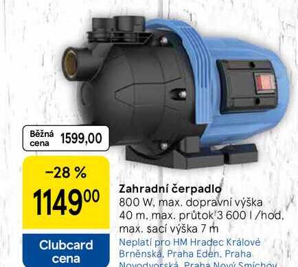 Zahradní čerpadlo, 800 W, max. dopravní výška 40 m. max. průtok 3 600 1/hod. max. sací výška 7 m  