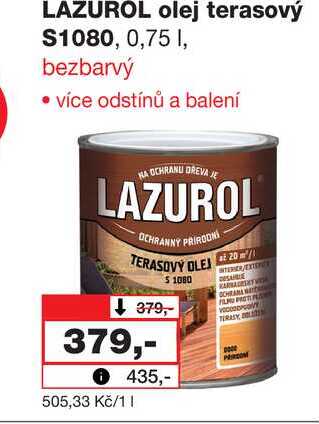 LAZUROL olej terasový $1080, 0,75 1, bezbarvý 