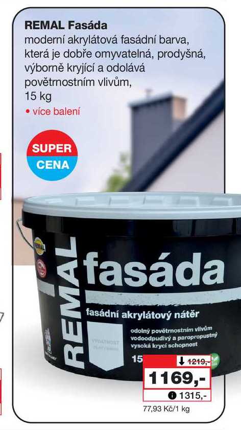 REMAL Fasáda moderní akrylátová fasádní barva, která je dobře omyvatelná, prodyšná, výborně kryjící a odolává povětrnostním vlivům, 15 kg