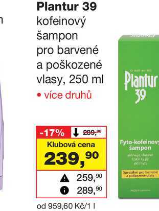 Plantur 39 kofeinový šampon pro barvené a poškozené vlasy, 250 ml 