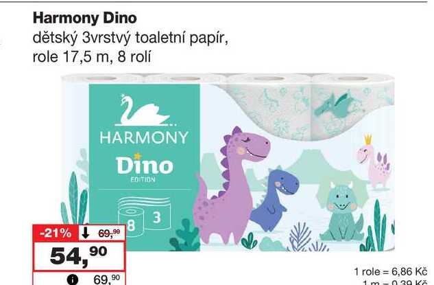 Harmony Dino dětský 3vrstvý toaletní papír, role 17,5 m, 8 rolí