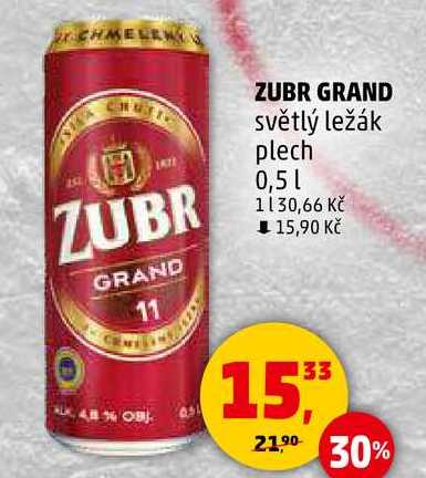 ZUBR O GRAND 11 světlý ležák plech, 0,5 l