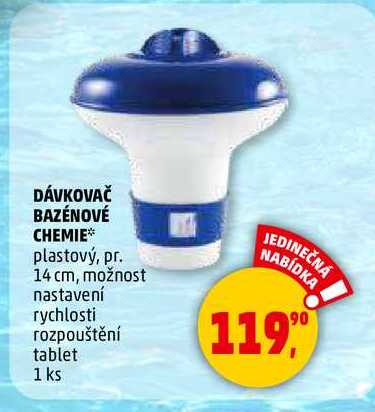 DÁVKOVAČ BAZÉNOVÉ CHEMIE plastový, pr. 14 cm, možnost nastavení rychlosti rozpouštění tablet, 1 ks  