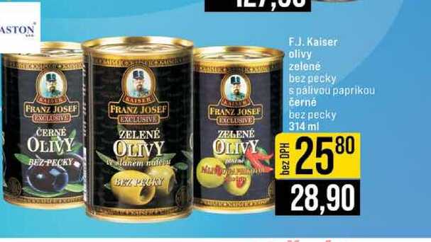 F.J. Kaiser olivy zelené bez pecky s palivou paprikou černé bez pecky 314 ml