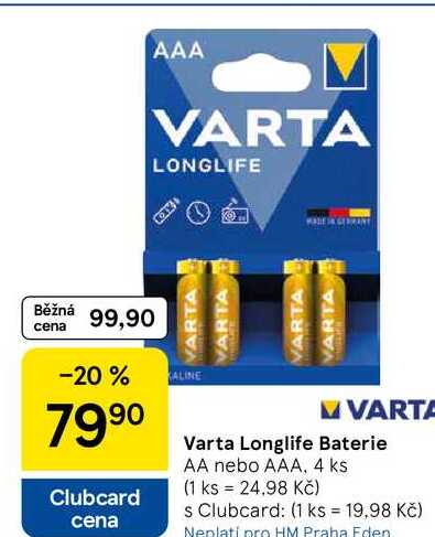 Varta Longlife Baterie AA nebo AAA, 4 ks 